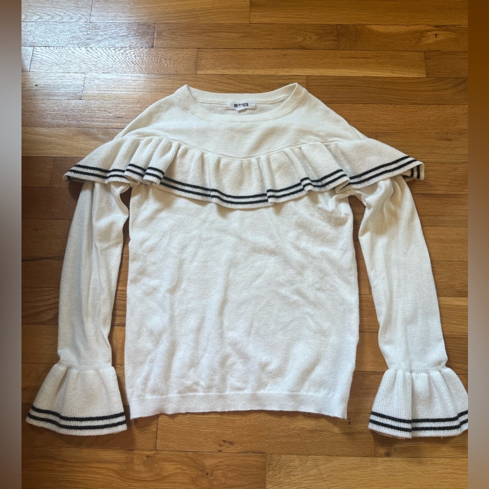 BB DAKOTA White Sweater with Ruffles and Black Stripes Women’s XS